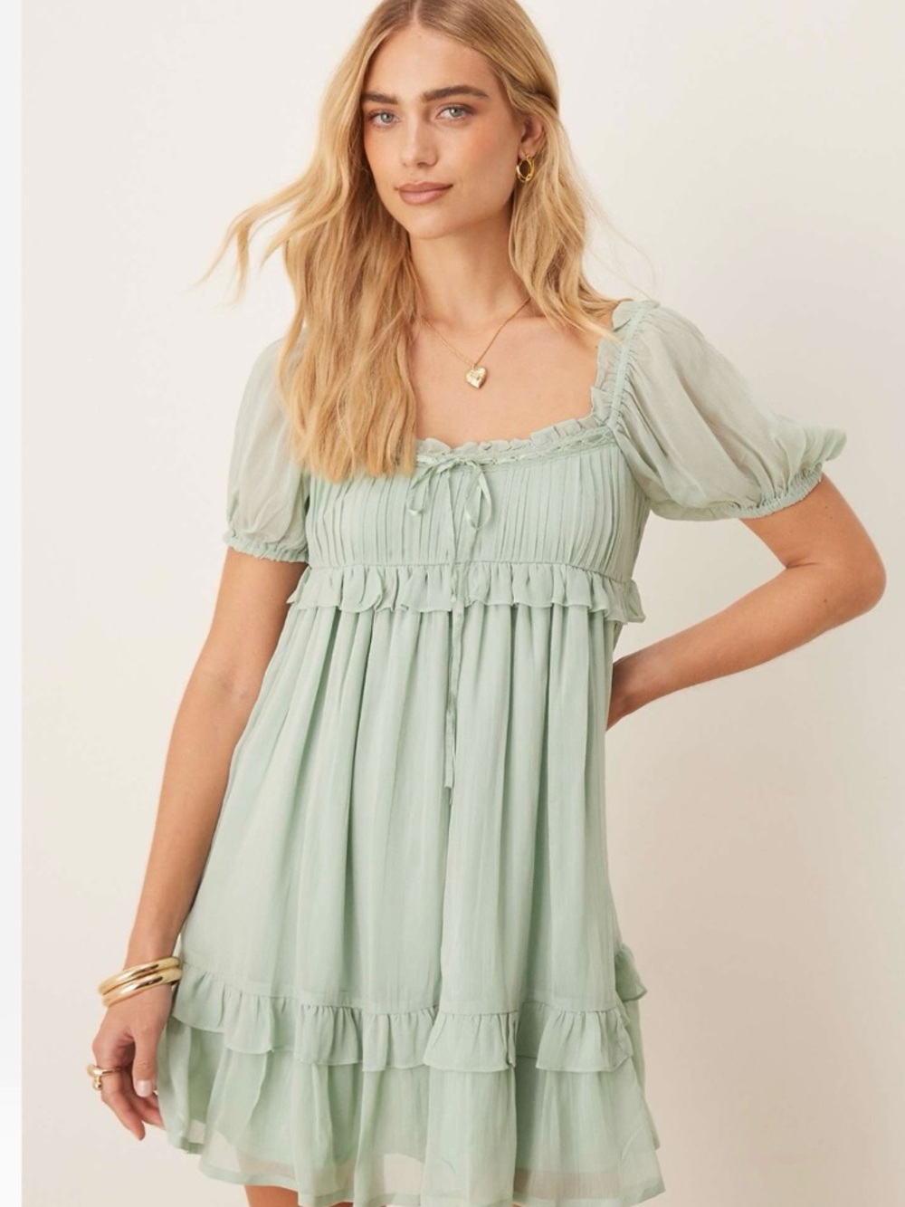 ASOS Sage Puff-Sleeve Ruffle Mini Dress